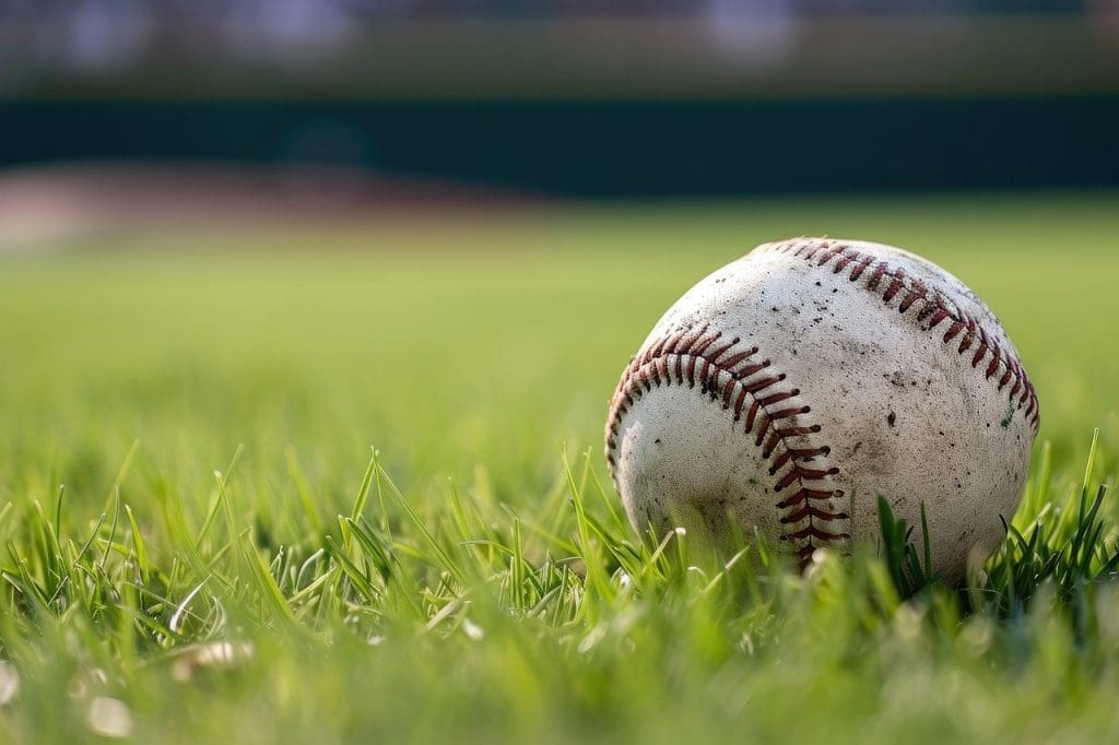 A baseball on a field.