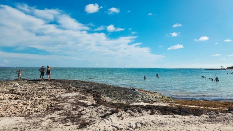 People swimming at Sombrero Beach in Marathon, in the middle of the Florida Keys.